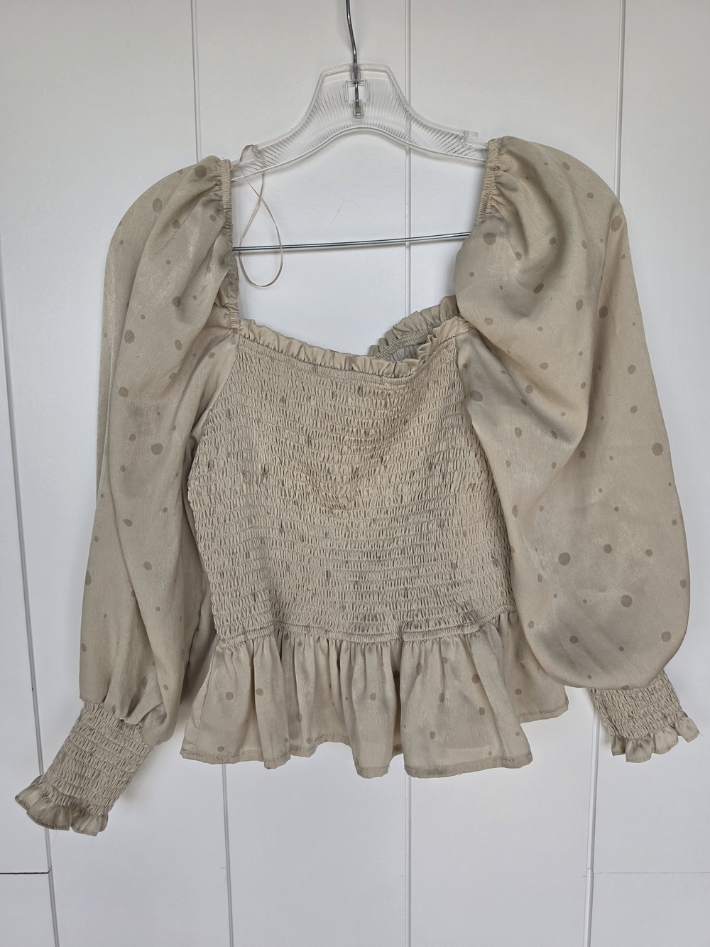 Mine Beige Smocked Square -Neck Polka Dot Peplum Top - Women - Picture 4 of 7